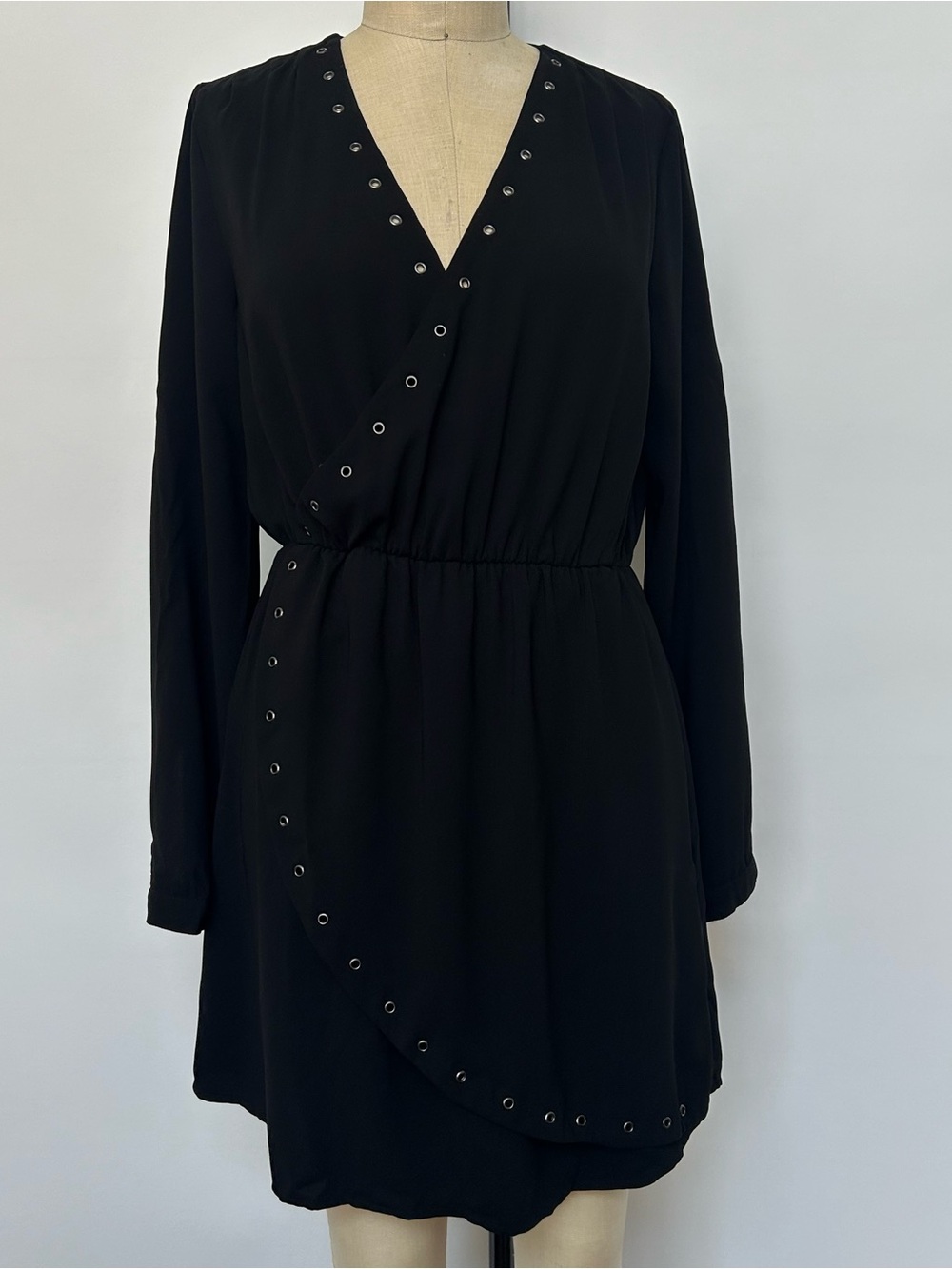 Black Long-Sleeve Wrap Mini Dress with Eyelet Trim